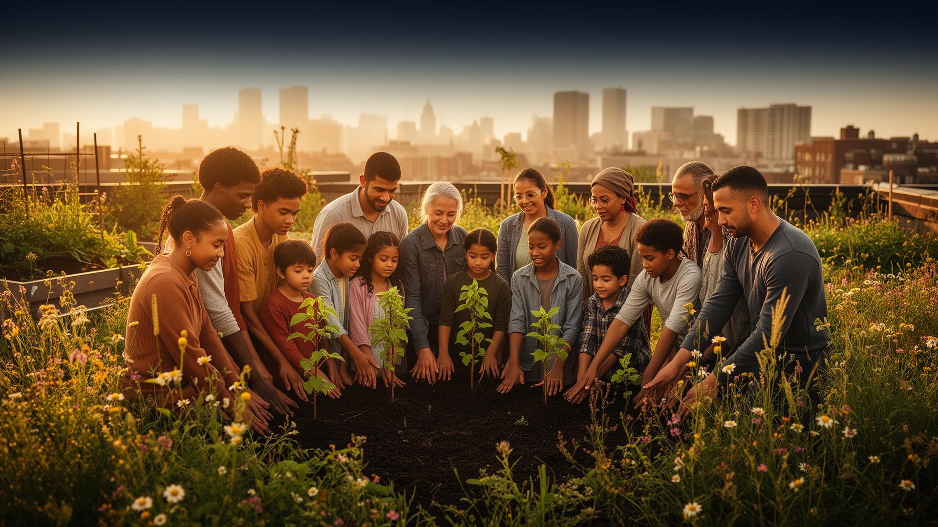 A multi-generational, multicultural community planting young trees together in a sunlit urban rooftop garden — symbolizing shared responsibility for the environment.